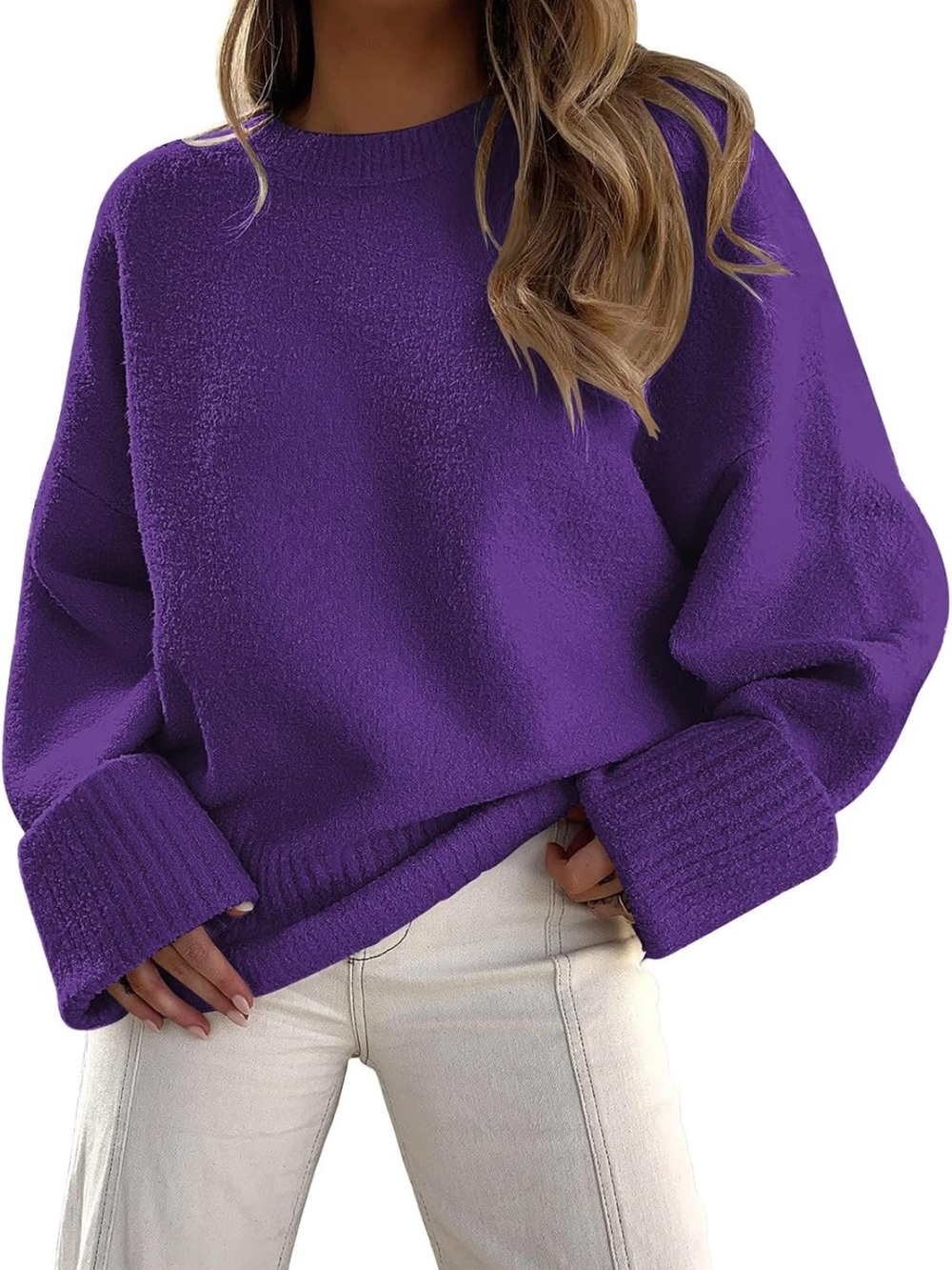 Amazon Women's oversized cuffed Crewneck Sweater in Bright Purple